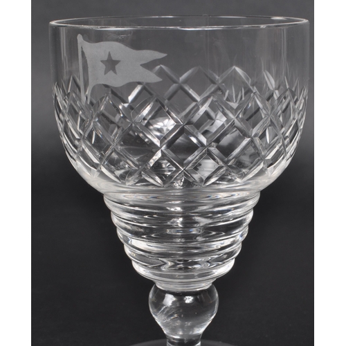 476 - Two early 20th century believed to be White Star Line liquor glasses, one featuring an etched spiral... 