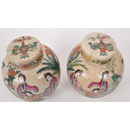 479 - Two Chinese 19th century crackle glaze ceramic lidded ginger jars, featuring hand painted figures an... 