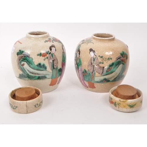 479 - Two Chinese 19th century crackle glaze ceramic lidded ginger jars, featuring hand painted figures an... 