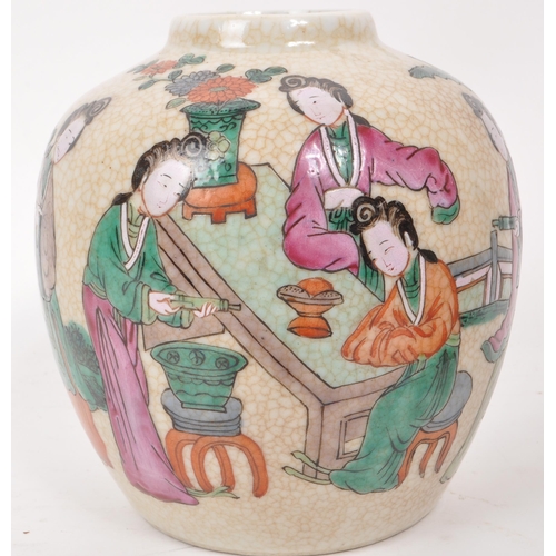 479 - Two Chinese 19th century crackle glaze ceramic lidded ginger jars, featuring hand painted figures an... 