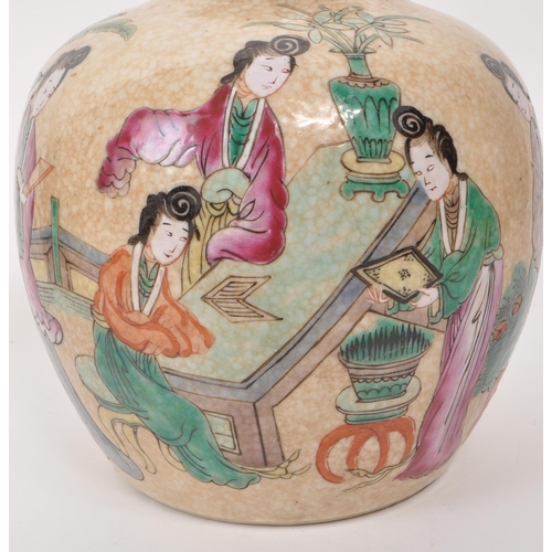 479 - Two Chinese 19th century crackle glaze ceramic lidded ginger jars, featuring hand painted figures an... 