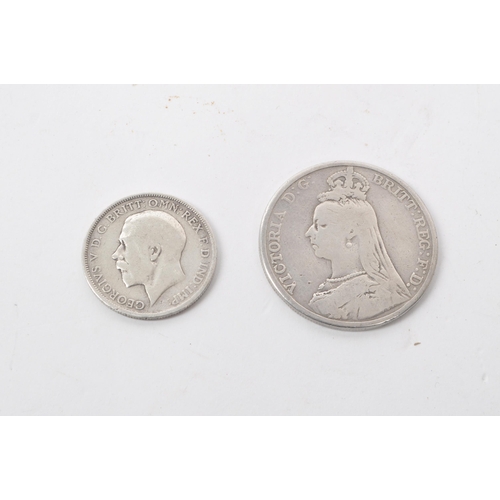 549 - A Victorian 1891 crown coin, with a portrait of Queen Victoria on the reverse, and a 1917 florin, wi... 