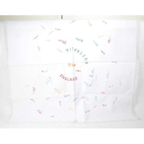 550 - A vintage 20th-century embroidered tablecloth of 1948 English / Australian cricket team signatures, ... 