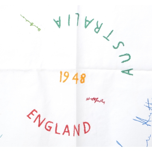 550 - A vintage 20th-century embroidered tablecloth of 1948 English / Australian cricket team signatures, ... 