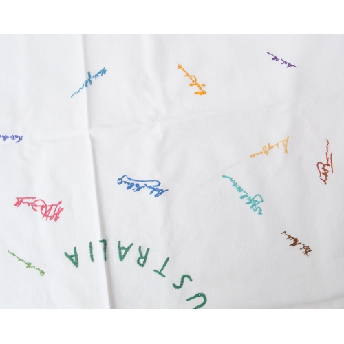 550 - A vintage 20th-century embroidered tablecloth of 1948 English / Australian cricket team signatures, ... 