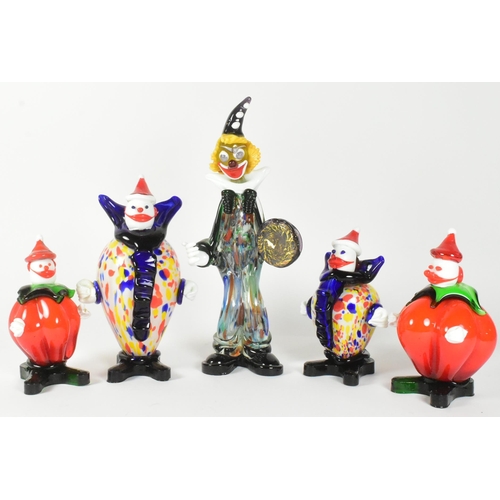 63 - A collection of five 20th-century Murano-style glass clown figures. Featuring a tall clown with a ta... 