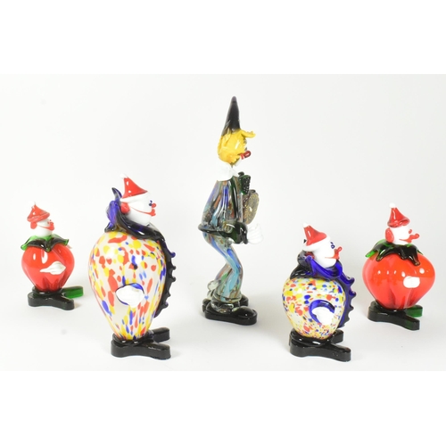 63 - A collection of five 20th-century Murano-style glass clown figures. Featuring a tall clown with a ta... 