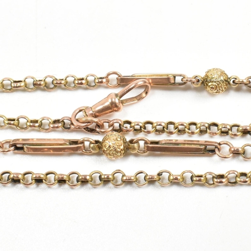 100a - A 19th century gold long guard muff chain. The necklace having belcher links interspaced with repous... 