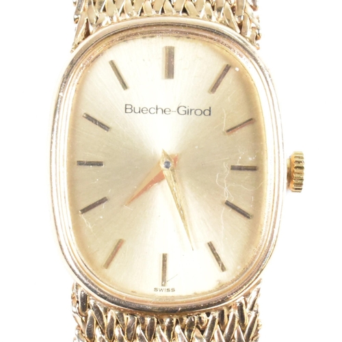 118a - A Bueche-Girod gold plated wristwatch. The Swiss Bueche-Girod wristwatch having an oval dial with st... 