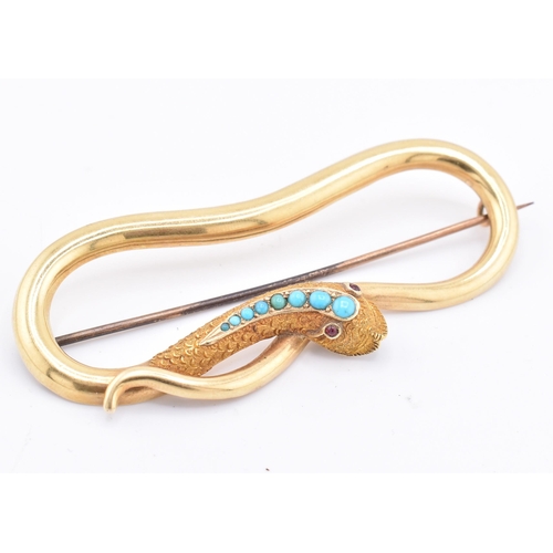 12 - A Victorian 15ct gold and turquoise snake brooch pin. The Victorian brooch pin in the form of a serp... 