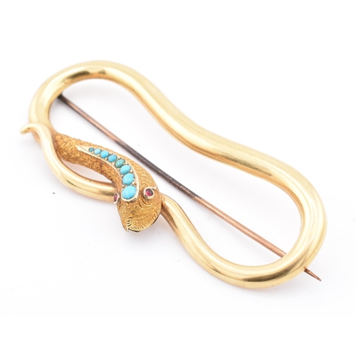 12 - A Victorian 15ct gold and turquoise snake brooch pin. The Victorian brooch pin in the form of a serp... 