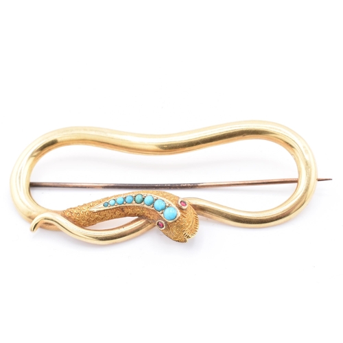 12 - A Victorian 15ct gold and turquoise snake brooch pin. The Victorian brooch pin in the form of a serp... 