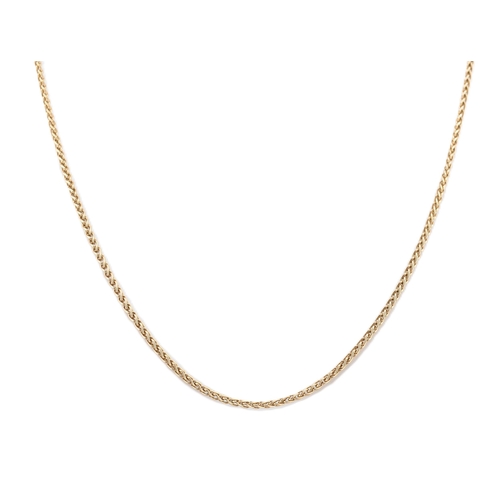 130 - A hallmarked 9ct gold chain necklace. The 9ct yellow gold wheat link chain having a lobster claw cla... 