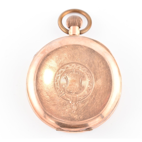 142 - A 9k gold open-face chronograph pocket watch. The watch having a circular dial with Roman numeral ma... 