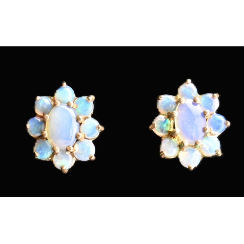 145 - A pair of 9ct gold and opal cluster stud earrings. The 9ct yellow gold earrings having a central cla... 