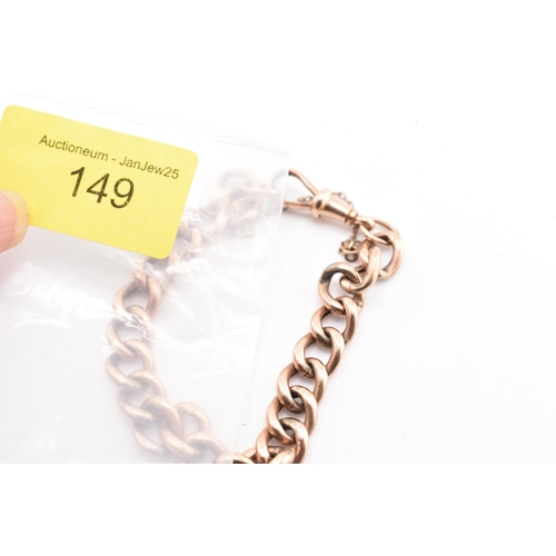 149 - A hallmarked 9ct gold curb link bracelet. The 9ct rose gold curb link bracelet having a dog lead cla... 