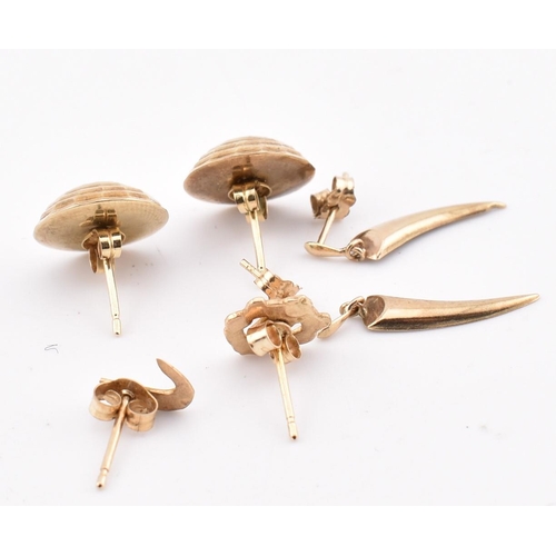 164 - A collection of 9ct gold earrings AF. The lot to include a pair of gold domed stud earrings with str... 