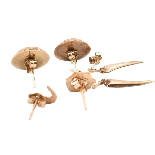 164 - A collection of 9ct gold earrings AF. The lot to include a pair of gold domed stud earrings with str... 