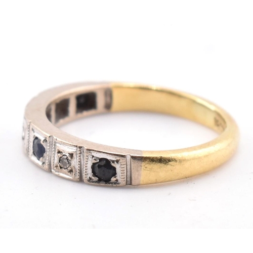 174 - 18ct gold sapphire and diamond half hoop ring. The ring having three flush set round cut sapphires i... 