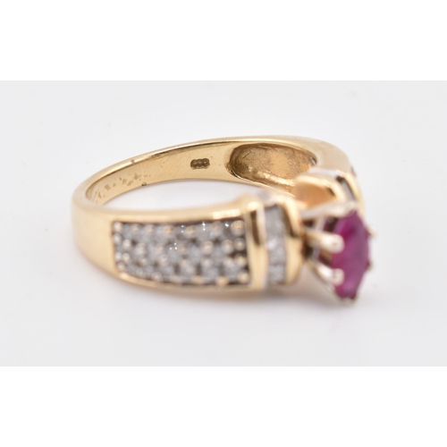 182 - A 14ct gold ruby and diamond ring. The ring set with a central marquise cut ruby flanked by two colu... 