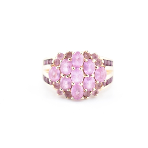 192 - A hallmarked 9ct gold pink sapphire and garnet cluster ring. The 9ct gold cluster ring set with nine... 