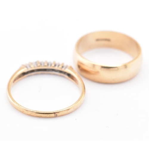 201 - A hallmarked 9ct gold band ring and a hallmarked 9ct gold, sapphire and diamond half hoop ring. The ... 