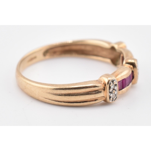 212 - A hallmarked 9ct gold ruby and diamond ring. The 9ct yellow gold ring set with six channel set squar... 