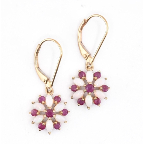 216 - A pair of ruby and opal floral cluster pendant earrings with French lever clasps. The earrings stamp... 