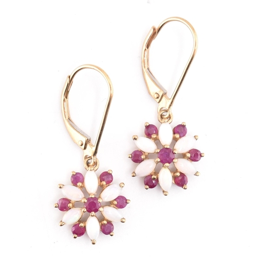 216 - A pair of ruby and opal floral cluster pendant earrings with French lever clasps. The earrings stamp... 