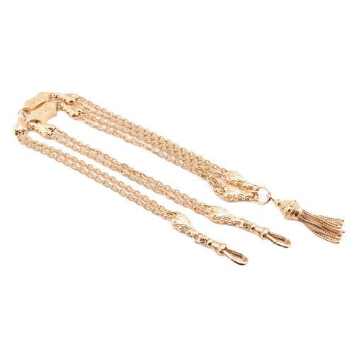 22 - A hallmarked 9ct gold tassel chain necklace. The 9ct yellow gold necklace having a tassel pendant su... 