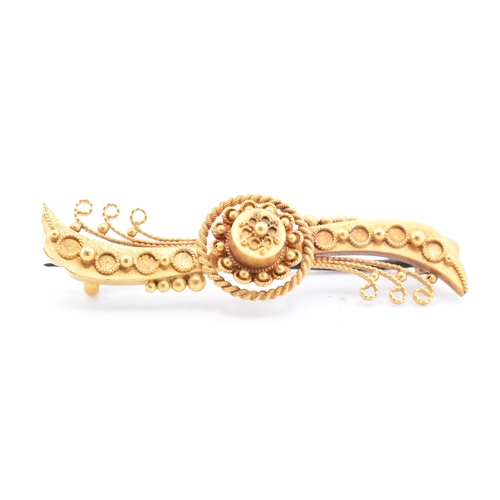 248 - A Victorian hallmarked 15ct gold brooch pin. The Victorian brooch pin having metal filigree, beadwor... 