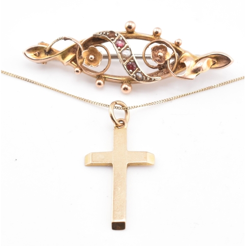 256 - A 9ct gold garnet & pearl brooch pin together with a hallmarked 9ct gold cross pendant necklace.... 