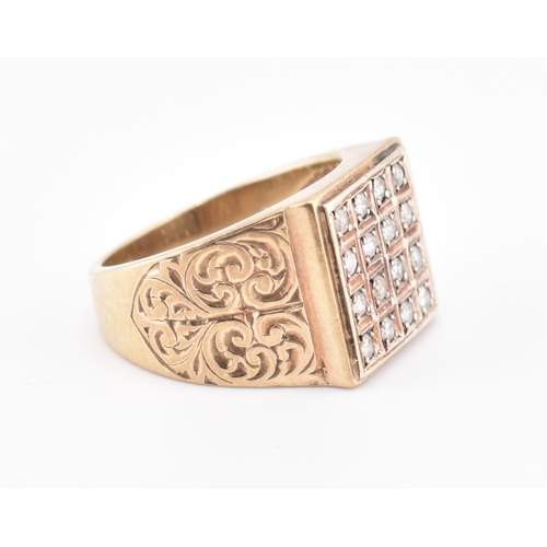 265 - A hallmarked 9ct gold and diamond signet ring. The 9ct yellow gold ring having 16 round brilliant cu... 