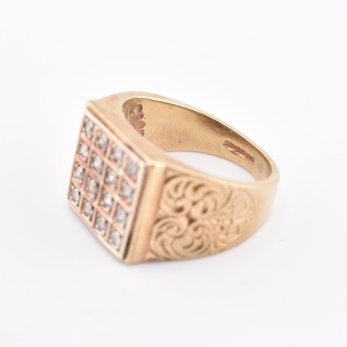 265 - A hallmarked 9ct gold and diamond signet ring. The 9ct yellow gold ring having 16 round brilliant cu... 