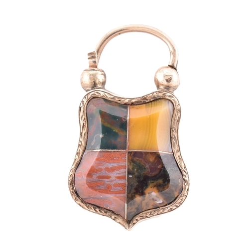 30A - A Scottish gold and agate specimen padlock clasp. The gold padlock clasp set with four specimens of ... 