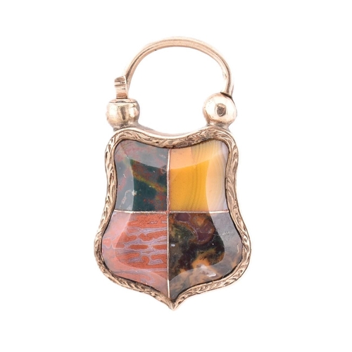 30A - A Scottish gold and agate specimen padlock clasp. The gold padlock clasp set with four specimens of ... 