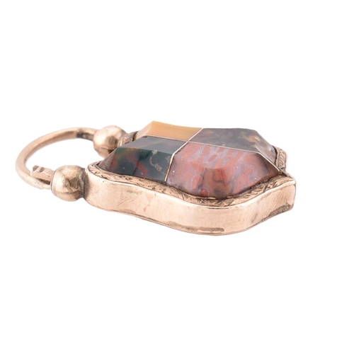 30A - A Scottish gold and agate specimen padlock clasp. The gold padlock clasp set with four specimens of ... 