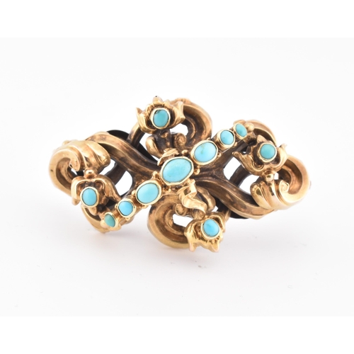 39 - A 19th century gold and turquoise mourning brooch pin. The yellow gold brooch pin of scrolling form ... 