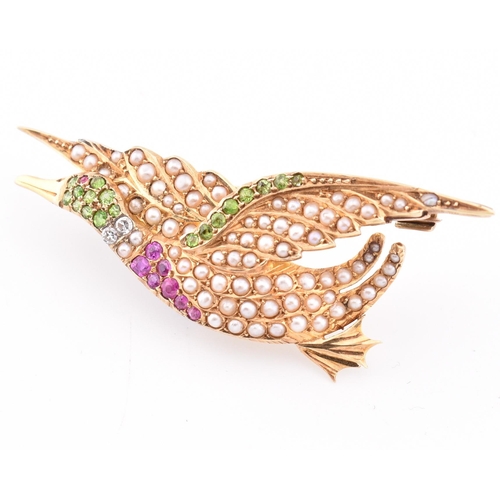 4 - A hallmarked 15ct gold demantoid garnet, ruby, diamond and pearl novelty brooch pin. The 15ct yellow... 