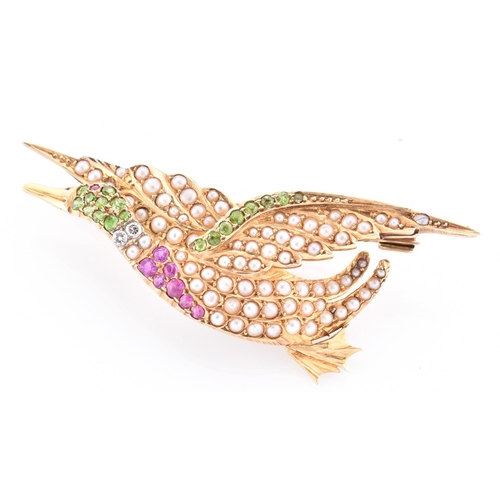 4 - A hallmarked 15ct gold demantoid garnet, ruby, diamond and pearl novelty brooch pin. The 15ct yellow... 