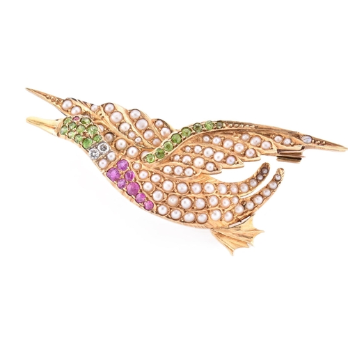 4 - A hallmarked 15ct gold demantoid garnet, ruby, diamond and pearl novelty brooch pin. The 15ct yellow... 