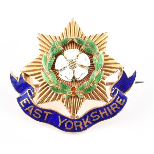 41A - 15ct gold East Yorkshire regimental brooch pin boxed. The 15ct yellow gold and enamel brooch pin in ... 