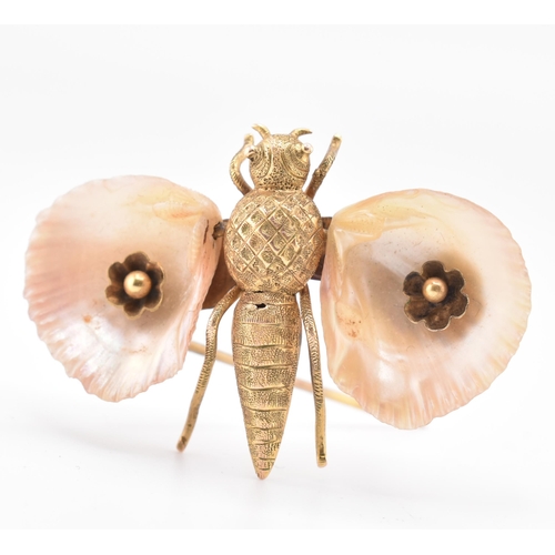 47A - A 19th century 15ct gold and shell butterfly brooch pin. The brooch in the form of a butterfly with ... 