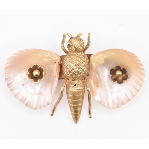 47A - A 19th century 15ct gold and shell butterfly brooch pin. The brooch in the form of a butterfly with ... 