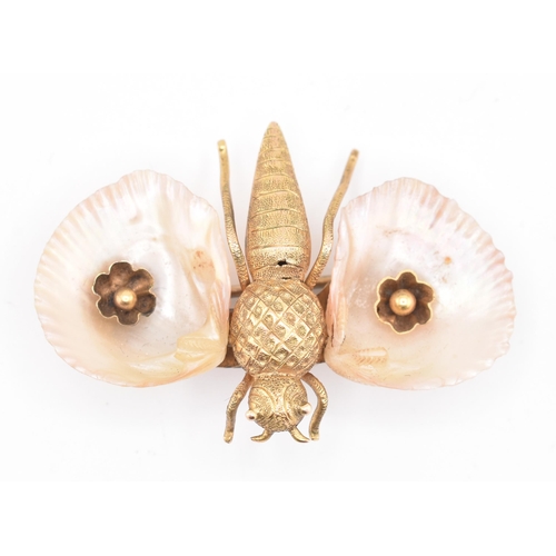 47A - A 19th century 15ct gold and shell butterfly brooch pin. The brooch in the form of a butterfly with ... 