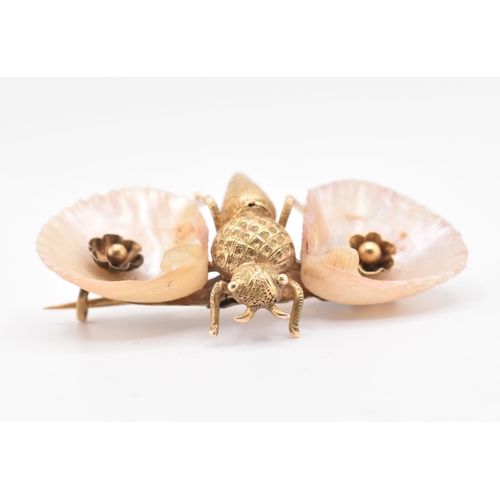 47A - A 19th century 15ct gold and shell butterfly brooch pin. The brooch in the form of a butterfly with ... 