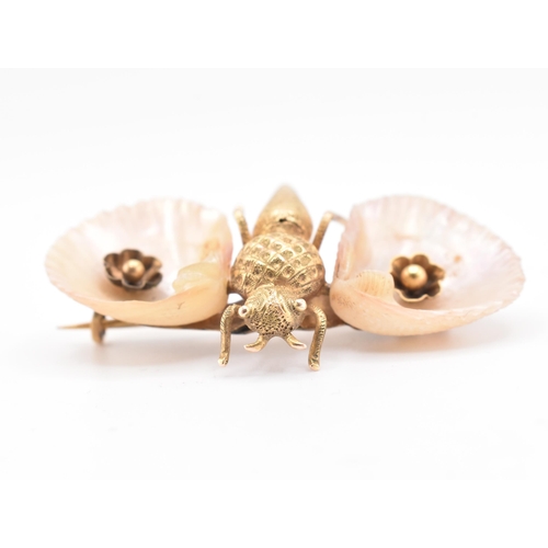 47A - A 19th century 15ct gold and shell butterfly brooch pin. The brooch in the form of a butterfly with ... 