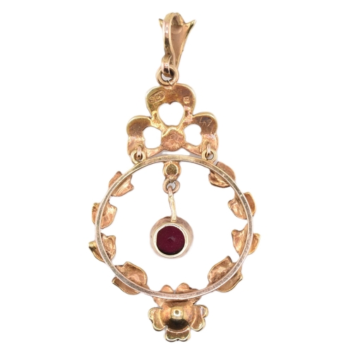 56 - Early 20th-century 9ct gold garnet and pearl necklace pendant. The pendant having a garland of pearl... 