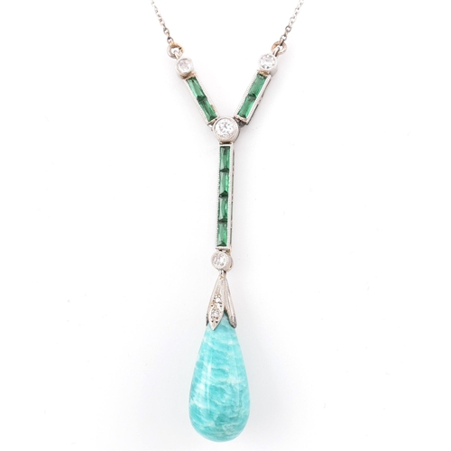 6 - A 1930s Art Deco amazonite, diamond and paste pendant necklace. The Art Deco pendant necklace having... 