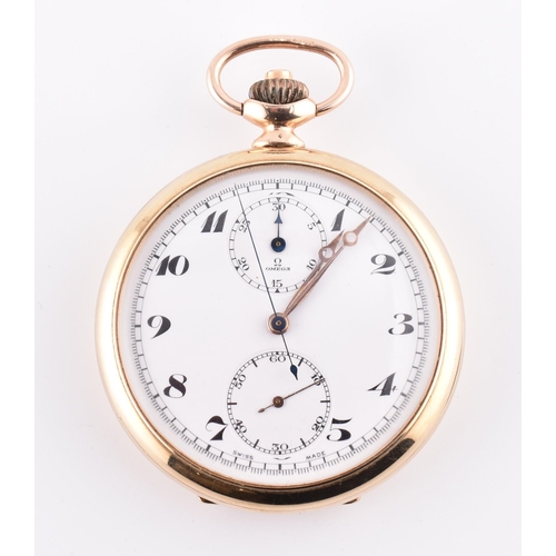 7 - A hallmarked 9ct gold Omega twin dial chronograph pocket watch. The Omega pocket watch having Arabic... 